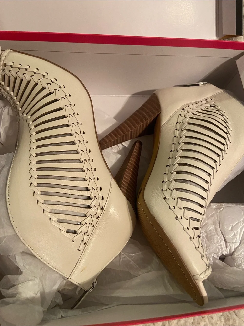 Vince Camuto Warm White Woven Peep-Toe Heel Booties - Neutral Leather